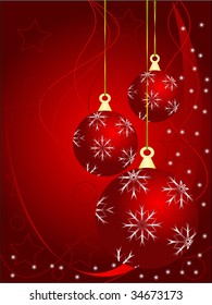 An abstract Christmas vector illustration with red baubles on a darker backdrop with white snowflakes and room for text