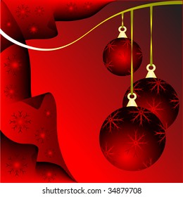 An abstract Christmas vector illustration with red baubles on a darker backdrop with white snowflakes and room for text