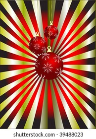 An abstract Christmas vector illustration with red baubles on a red and gold sunburst backdrop