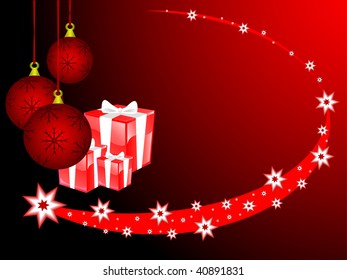 An abstract Christmas vector illustration with red baubles on a darker backdrop with christmas presents