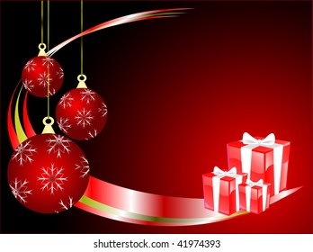 Una abstracta ilustración vectorial de Navidad con baubles rojos en un fondo más oscuro con regalos de navidad