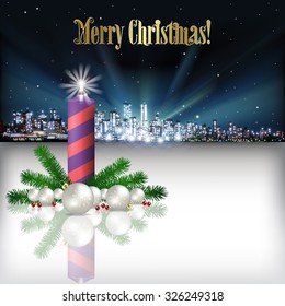 Abstract Christmas vector illustration with silhouette of city and candle