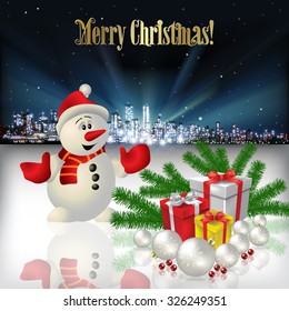 Abstract Christmas vector illustration with silhouette of city snowman and gifts