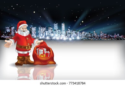 Abstract Christmas vector illustration with silhouette of city and Santa Claus