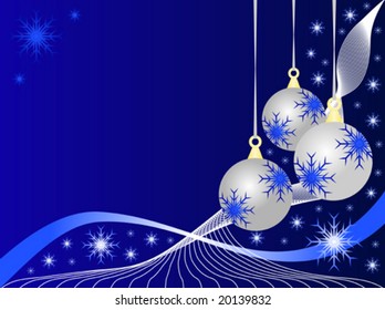 Una abstracta ilustración vectorial de Navidad con baudibles plateados sobre un fondo azul oscuro con copos de nieve blancos y espacio para texto