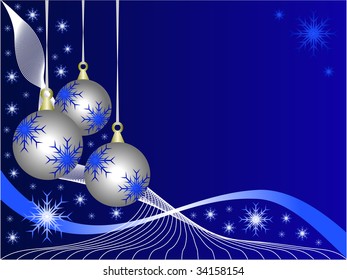 Eine abstrakte WeihnachtsVektorgrafik mit silbernen Baubeln auf dunklerem Hintergrund mit weißen Schneeflocken und Platz für Text