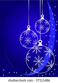 An abstract Christmas vector illustration with  sky blue baubles on a darker backdrop with white snowflakes and room for text