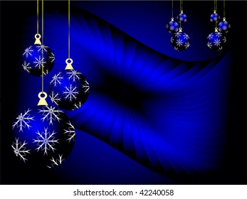 Eine abstrakte WeihnachtsVektorgrafik mit hellblauen Bläschen auf dunklerem Hintergrund mit weißen Schneeflocken und Platz für Text