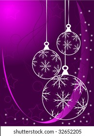 Una ilustración vectorial de Navidad abstracta con baudillos de contorno blanco sobre un fondo morado con copos de nieve blancos y espacio para texto