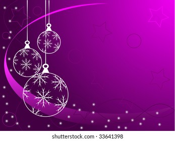 Una ilustración vectorial de Navidad abstracta con burbujas de contorno blanco sobre un fondo morado con copos de nieve blancos y espacio para texto