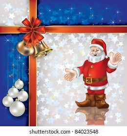 Abstract Christmas white blue background with bells and red gift ribbons