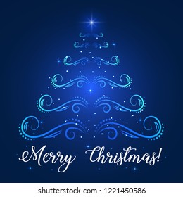 Abstract Christmas, winter background with stars, sparkles and Christmas tree. Merry Christmas greeting.