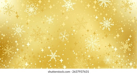 Abstract Christmas or winter holiday background. Features white snowflakes and stars on a shiny golden gradient backdrop. Festive and elegant design. Vector illustration.