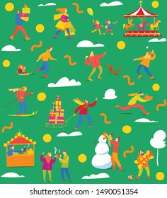 Abstract Christmas winter seamless pattern with people do winter activities. Vector creative seamless pattern for background, textiles, wallpaper and wrapping paper design. Modern flat design. 