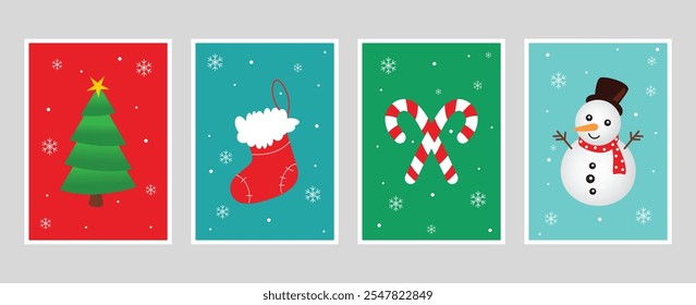 Abstract Christmas and Winter wall art vector illustrations set of 4. Printable Interior designs for home décor. Designs for Christmas and Winter home decorations, cover and wallpaper.