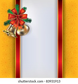 Abstract Christmas yellow white background with handbells and gift ribbons