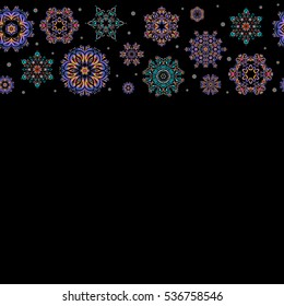 Abstract Christmass illustration with brown and orange snowflakes on black background. Vector horizontal Christmas party design template with copy space (place for your text).