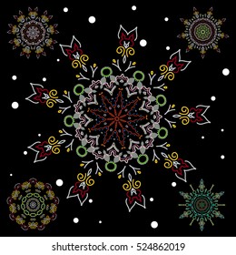Abstract Christmass illustration with five gray and red snowflakes on a black background. Vector christmas party design template.