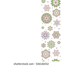 Abstract Christmass illustration with violet, green and red snowflakes on white background. Vector vertical Christmas party design template with copy space (place for your text).