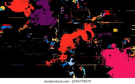 Abstract chromatic explosion against a stark black backdrop delivering a digital impressionism feel with vibrant colors in dynamic compositional balance