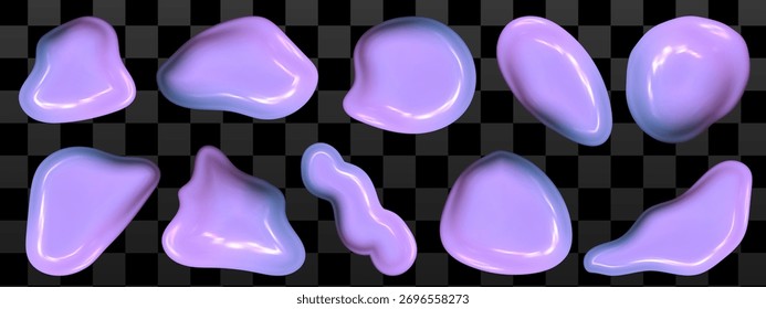 Bolha cromada abstrata flutuando em luz roxa. A forma líquida 3D brilhante captura o espírito Y2K e a estética metálica blob 3D.