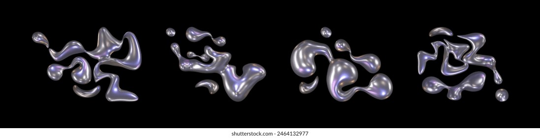 Abstract chrome liquid shapes with drops for y2k design. Realistic 3d silver metal decorative figures. Vector illustration set of glossy mercury or steel inflatable blob element. Bubble fluid forms.