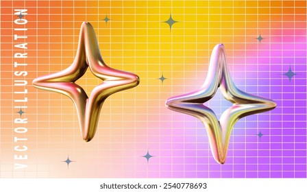 Abstract chrome metal elements.3D realistic vector illustration of star. Element for posters, banners, flyers in Y2K style.