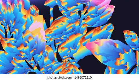 Abstract chrome organic / plants shape, 80s - 90s VHS technology style, glowing gradient with purple light leaks