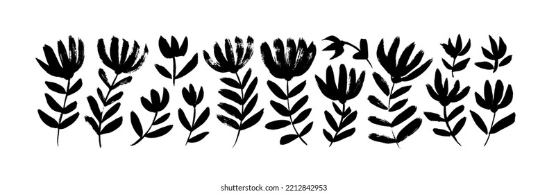 Abstract chrysanthemum blooming elements isolated on white background. Brush drawn wild flowers on stems with pungent leaves. Vector black flower imprints. Hand drawn botanical clip arts.