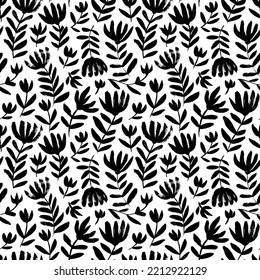 Abstract chrysanthemum blooming seamless pattern. Brush drawn wild flowers on stems with pungent leaves. Vector black flower imprints. Hand drawn botanical ornament with black silhouettes.