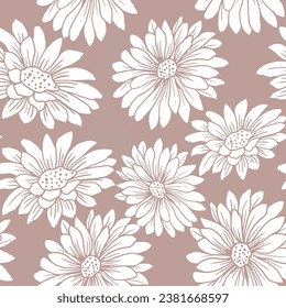Abstract chrysanthemum flowers seamless pattern. Autumn garden flower on pastel purple background. Hand drawn illustration.