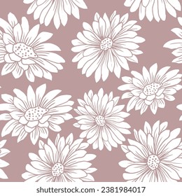 Abstract chrysanthemum flowers seamless pattern. summer garden flower on purple background. Hand drawn illustration.