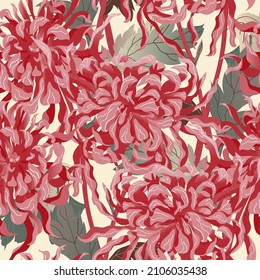 Abstract chrysanthemum seamless pattern. Surface design for fabric, wallpaper, wrapping paper, invitation card. Floral abstraction. Square vector EPS file.  Red, white, grey color. Art print.