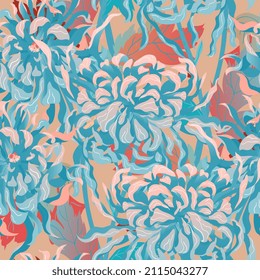 Abstract chrysanthemum seamless pattern. Surface design for fabric, wallpaper, wrapping paper, invitation card. Floral abstraction. Square vector EPS file.  Turquoise, light blue color. Art print.
