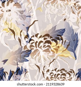 Resumen del patrón de crisantemo sin fisuras. Diseño de superficie para tela, papel de pared, papel de envoltura, tarjeta de invitación. Abstracción floral. Archivo EPS vectorial cuadrado.  gris claro, blanco, marfil. Impresión artística.