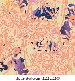 Abstract chrysanthemum seamless pattern. Surface design for fabric, wallpaper, wrapping paper, invitation card. Floral abstraction. Square vector EPS file. Light pink, cream, yellow color. Art print.