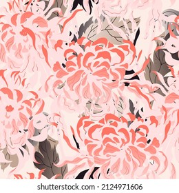 Resumen del patrón de crisantemo sin fisuras. Diseño de superficie para tela, papel de pared, papel de envoltura, tarjeta de invitación. Abstracción floral. Archivo EPS vectorial cuadrado.  Rosa pastel, color claro. Impresión artística.