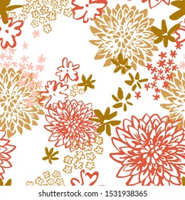 Abstract chrysanthemum and small flowers seamless pattern. Autumn garden flower background in chinese, japanese style. Hand drawn illustration. Vector, EPS 10