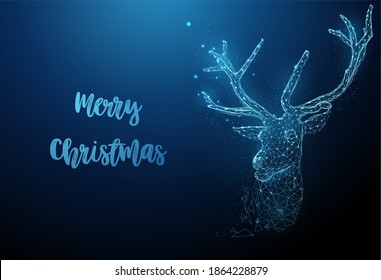 Abstract Chtistmas deer. Magic Christmas greeting card. Low poly style design. Merry Christmas card. Modern 3d graphic geometric background. Wireframe light connection structure. Vector illustration