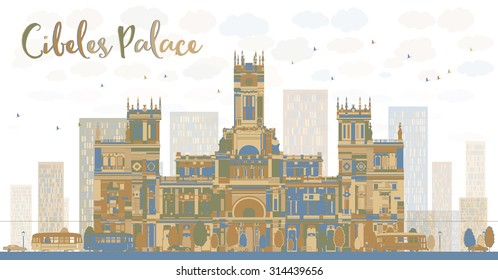 Abstract Cibeles Palace (Palacio de Cibeles), Madrid, Spain. Vector illustration. Business travel and tourism concept with historic building. Image for presentation, banner, placard and web site