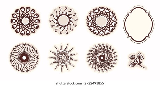 Abstract cicle icon set with a modern sticker style. Funky optic set of circular elements for decor art. Isolated pretty flat illustration set collection