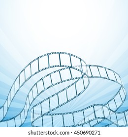 abstract cinema background with folding retro film strips, light rays. vector illustration