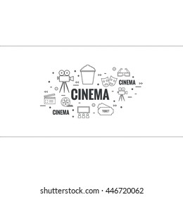 Abstract cinema background with popcorn, camera, film reel, clapboard, 3D glasses and tickets.