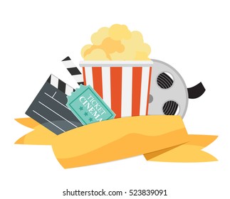 Abstract Cinema Flat Background with Reel, Old Style Ticket, Big Pop Corn and Clapper Symbol Icons. Vector Illustration EPS10