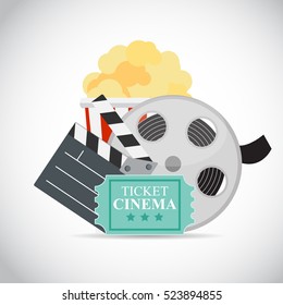 Abstract Cinema Flat Background with Reel, Old Style Ticket, Big Pop Corn and Clapper Symbol Icons. Vector Illustration EPS10