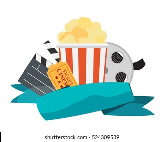 Abstract Cinema Flat Background with Reel, Old Style Ticket, Big Pop Corn and Clapper Symbol Icons. Vector Illustration EPS10