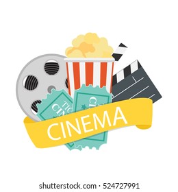 Abstract Cinema Flat Background with Reel, Old Style Ticket, Big Pop Corn and Clapper Symbol Icons. Vector Illustration EPS10