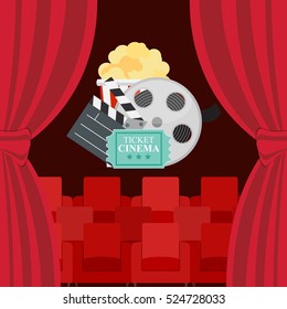 Abstract Cinema Flat Background with Reel, Old Style Ticket, Big Pop Corn and Clapper Symbol Icons. Vector Illustration EPS10
