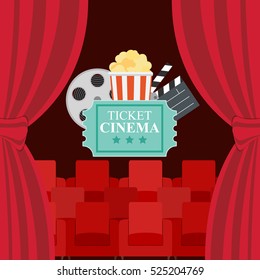 Abstract Cinema Flat Background with Reel, Old Style Ticket, Big Pop Corn and Clapper Symbol Icons. Vector Illustration EPS10