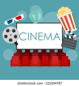Abstract Cinema Flat Background with Reel, Old Style Ticket, Big Pop Corn and Clapper Symbol Icons. Vector Illustration EPS10